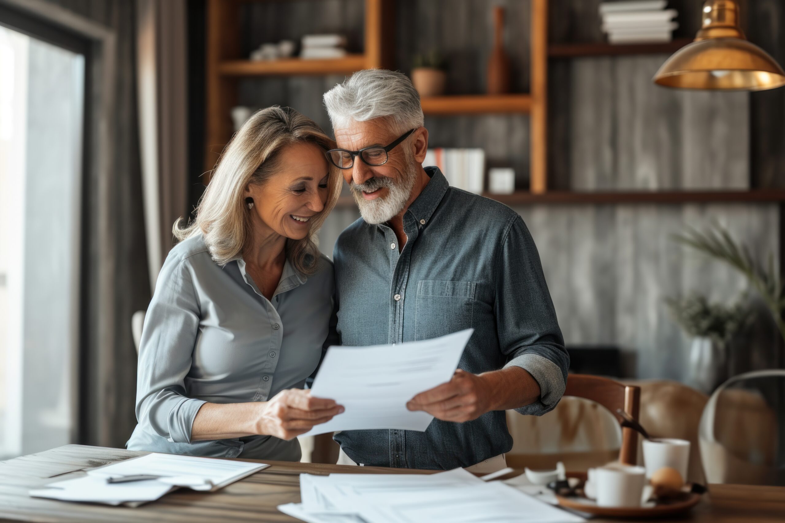 A couple, about 50 years old, in a good mood, in the living room, standing at a table, looking at documents.