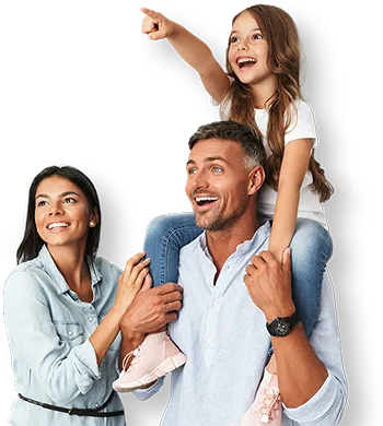 A joyful family is depicted, with a young girl sitting on her father’s shoulders, pointing excitedly into the distance. The father smiles, holding her securely, while the mother stands beside them, looking in the same direction with a delighted expression. Their casual attire and warm expressions convey a sense of togetherness and happiness.