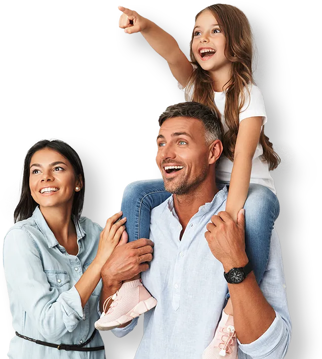 Family looking at flying money