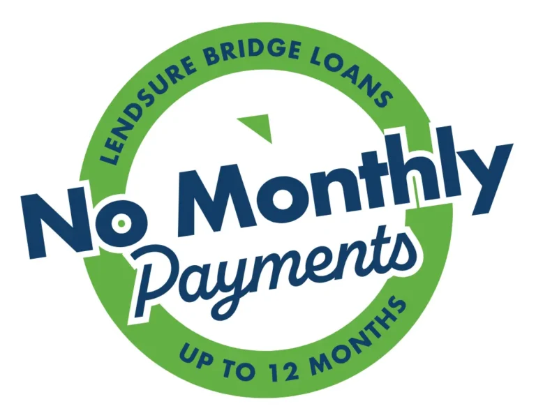 A circular badge promoting "LendSure Bridge Loans" highlights "No Monthly Payments" in bold text, with a subtext that reads "Up to 12 Months." The design features green and blue colors, emphasizing the benefit of deferred payments for up to a year. This badge is intended to draw attention to a special loan offer.