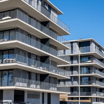 Modern multi-family apartment buildings seen in Barcelona, Spain